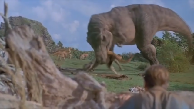 The T-Rex from Jurassic Park eating a gallimimus